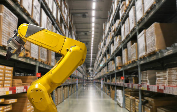 istock Smart robot arm systems for innovative warehouse and factory digital technology and Smart warehouse management system using augmented reality technology to identify package picking and delivery . 1387469548
