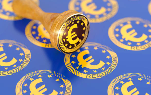 regulierung als stempel von eu-amt, bürokratie, verwaltung 3d-hintergrundgedankenkonzept - european union currency order finance currency stock-fotos und bilder