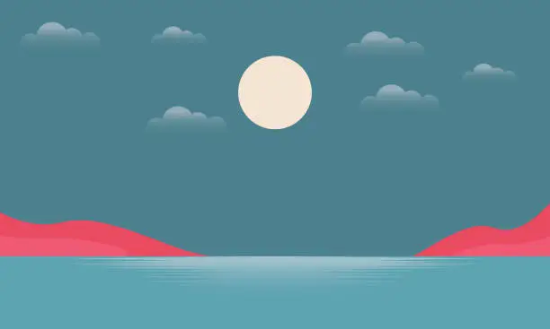 Vector illustration of Landscape. Sunrise over the sea surface. Minimalistic