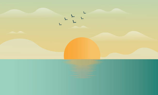 일몰 osean, 바다, 산, 태양, 저녁 풍경 석양, 황혼, 벡터, 고립 된 산의 파노라마 - sunset sea beach sun stock illustrations