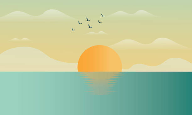 zachód słońca osean, morze, krajobraz z górami i słońcem, wieczór. panorama gór, zachód słońca, zmierzch, wektor, odosobniony - horizon stock illustrations