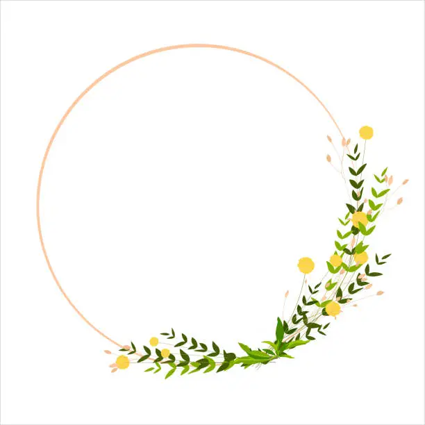 Vector illustration of Spring frame of yellow wildflowers. Easter circle template.
