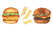 istock Cheeseburger, chicken burger, and french fries watercolor illustration 1387478203