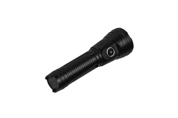 istock Modern metal LED flashlight in black color. Portable flashlight isolate on a white background. 1387479489