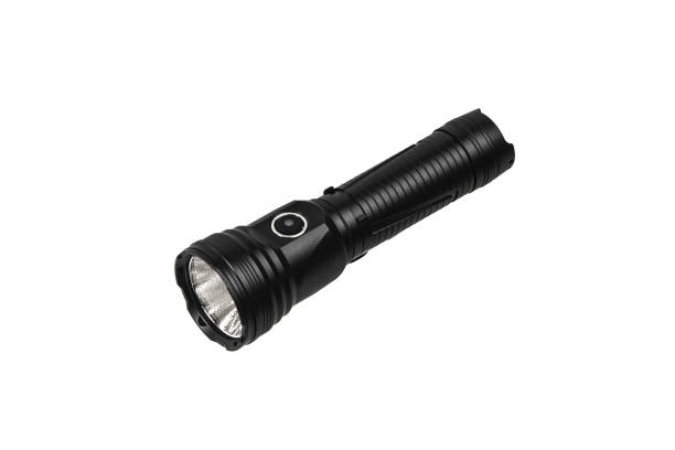 modern metal led flashlight in black color. portable flashlight isolate on a white background. - military airplane flash imagens e fotografias de stock
