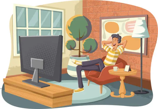 Vector illustration of man watching tv in the living room