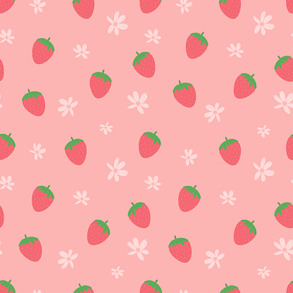 Summer strawberry seamless pattern. Cute simple fresh strawberry background with flowers. Cute vector print drawn in cartoon style for textiles, packaging