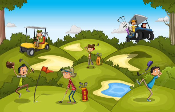 Cartoon people playing golf. Cartoon people playing golf. Golf course with people having fun. funny golf swing stock illustrations