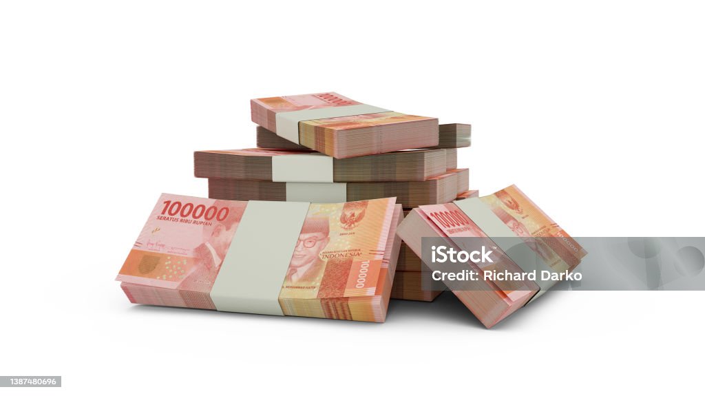 3d rendering of Stack of Indonesian rupiah notes. bundles of Indonesian currency notes isolated on white background Indonesian Currency Stock Photo