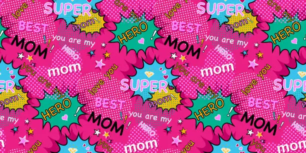 Vector illustration of Super mom, super hero, best mom, concept design for mother's day seamless pattern, comic book, pop art, retro style pink background