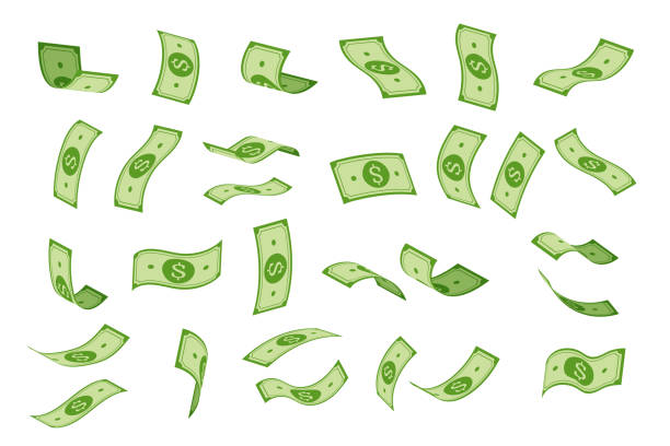 비행 돈. 만화 떨어지는 달러 지폐, 미국 은행 통화. 벡터 격리 집합 - money stock illustrations