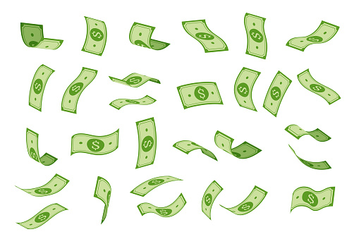 Flying money. Cartoon falling dollar banknotes, American bank currency. Vector isolated set animation flying green dollar