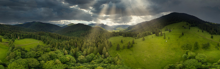 Wide-angle panoramic shot of beautiful meadows, hills and trees in Synevyrska glade next to Synevyr lake. Majestic and wonderful landscapes of the Carpathian mountains in Ukraine. High quality 4k footage
