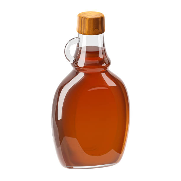 Bottle of maple syrup trendy isometric illustration on white background. 3D rendering. Bottle of maple syrup trendy isometric illustration on white background. maple-syrup-label stock pictures, royalty-free photos & images