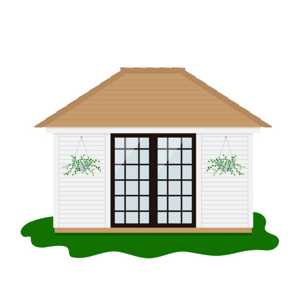 Garden house, backyard shed. Colorful small pretty house. Isolated vector illustartion outdoor shed stock illustrations