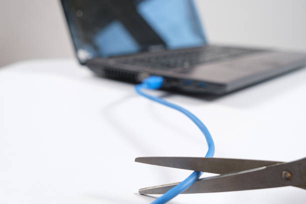 Scissors cut the Internet cable connected to the laptop.