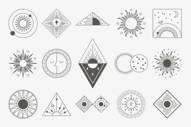 Vector illustration of Sun line logo. Abstract minimalistic emblems with mystic celestial Sun and Moon elements. Vector set
