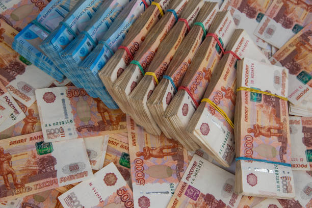 istock Russian rubles, bills of various denominations 1387483775