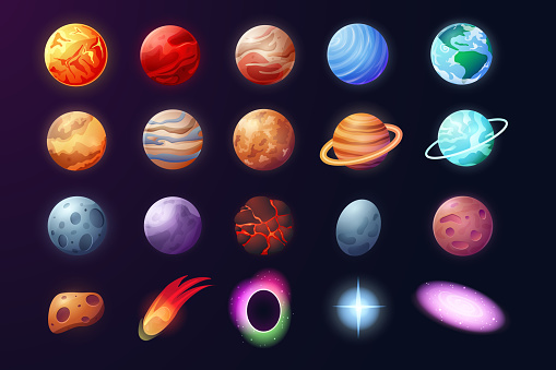 Cartoon Solar system. Astronomical objects in planetary system, Mars Venus Earth Moon Jupiter. Vector set collection images astronomy planets
