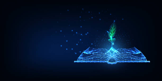 Futuristic eco education concept with glowing low polygonal book and sprout Futuristic eco education concept with glowing low polygonal book and green sprout isolated on dark blue background. Modern wire frame mesh design vector illustration. glowing leaves stock illustrations