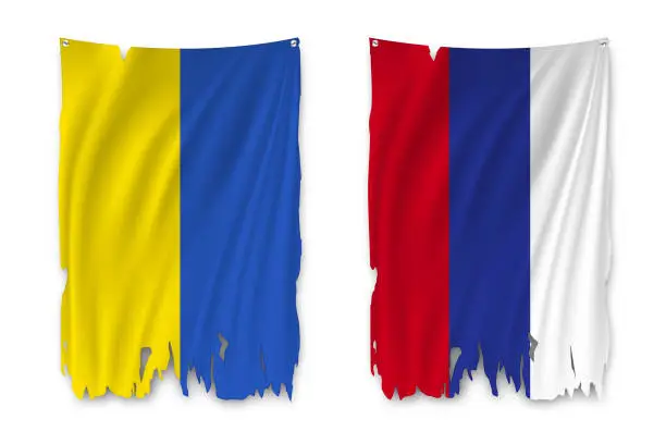 Vector illustration of Torn  national flag of Ukraine and Russia. Ragged. The wavy fabric on white background.