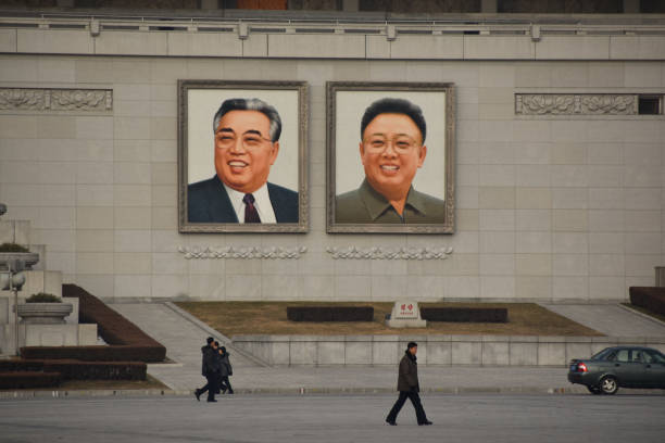 Paintings of North Korean Leaders Kim Il Sung and Kim Jong Il stock photo