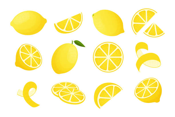 illustrazioni stock, clip art, cartoni animati e icone di tendenza di limone dei cartoni animati. buccia di agrumi gialli, logo pezzo e fetta e limoni tritati. set di ingredienti per limonata vettoriale - hair part