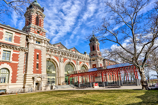 New York, New York - February 18, 2022: Exterior of the Ellis Island Immigration Museum in NYC