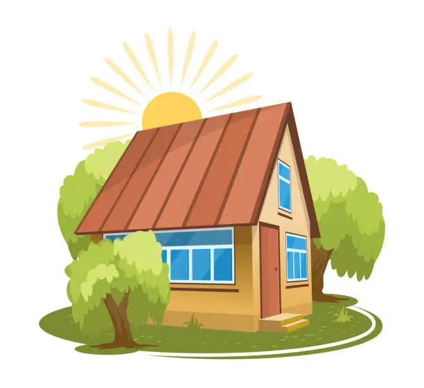 Vector illustration of Summer landscape. House surrounded by trees