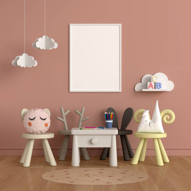 istock Blank photo frame for mockup in child room, 3D rendering 1387488391