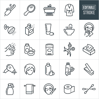 A set of personal care icons that include editable strokes or outlines using the EPS vector file. The icons include a hair dryer, mirror, bathtub, shampoo, soap, shower, perfume, lotion, facial cream, hand lotion, sink, woman blowing nose, washing hands, deodorant, haircut, box of tissues, hairdryer, makeup, toothbrush and toothpaste, nail clippers, bath towel, toilet paper and other related icons.
