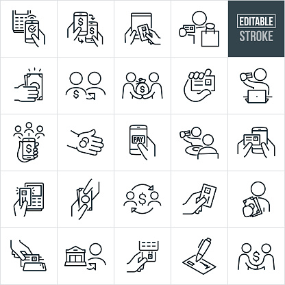 A set of payment methods icons that include editable strokes or outlines using the EPS vector file. The icons include payment using smartphone app at register, payment between two people using smartphones, online payment using a credit card on a tablet PC, person with retail shopping bag holding a credit card, hand paying with cash, person paying another person directly, person paying another person with a bag of money, hand holding a credit card, person shopping online at laptop using a credit card, mobile payment, hand using coins as payment, using a smartphone to click on pay button, person picking up tab at restaurant by holding up credit card, using a credit card to purchase online with smartphone, using a debit card to tap and pay at register, hand passing another hand cash as payment, hand holding credit card, person with cash held out to pay, credit card being swiped in credit card reader as payment, direct payment from bank to recipient, credit card being inserted into credit card reader for payment, check as payment and a handshake between two people as payment.