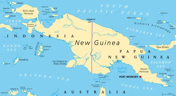 Vector illustration of New Guinea, located in Oceania in South Pacific Ocean, political map