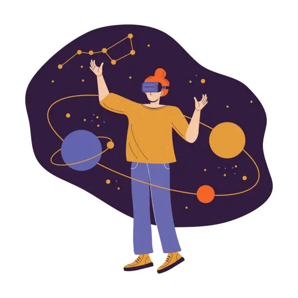 Vector illustration of Metaverse Digital virtual reality simulation. Woman in glasses and a headset VR online connecting to virtual space and universe and studies planets and constellations. Break The Science Bias