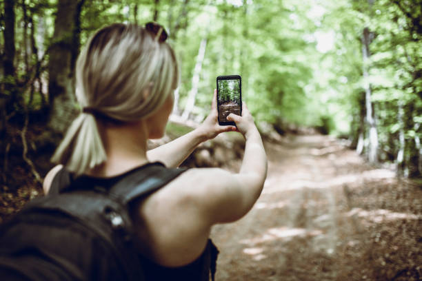 istock Female Photographing Forest Road While Taking Hike 1387493432
