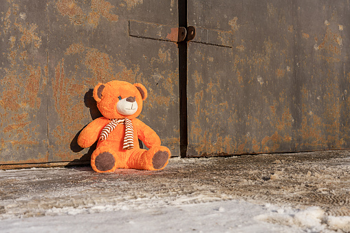 Lost orange teddy bear toy sitting on muddy sidewalk against rusty gate
