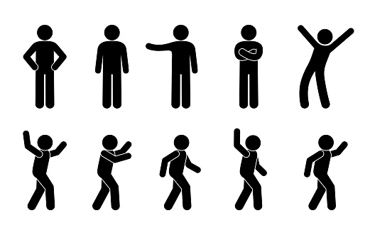 man icons set, people in different poses, stickman silhouette illustration, vector human figures