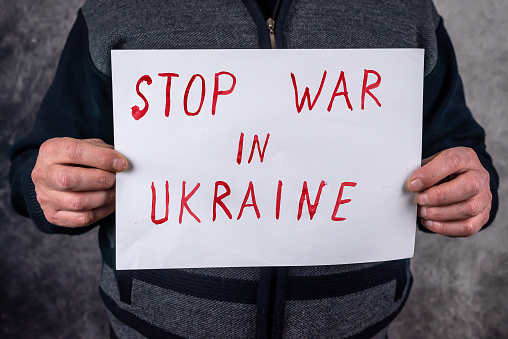 poster stop the war in ukraine. russia world terrorist. sanctions and isolation of Russia