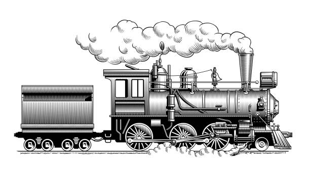 ヴィンテージの蒸気機関車、側面図。古い鉄道彫刻スタイルのベクターイラスト。 - steam engine点のイラスト素材／クリップアート素材／マンガ素材／アイコン素材