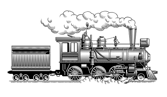 Vintage steam train locomotive, side view. Old railroad engraving or etching style hand drawn vector illustration.