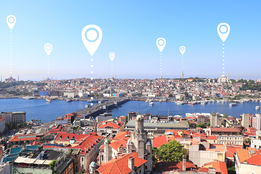 Network connection concept. Aerial view on  Istanbul with location pin. Global positioning system pin map. Map pins with top view on Istanbul, Suleymaniye Mosque and Bosphorus, Turkey