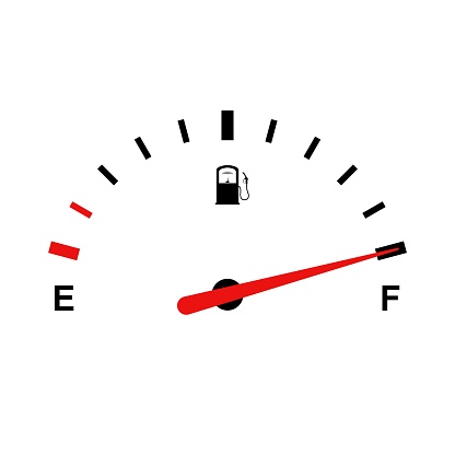 Fuel indicator for gas, petrol, gasoline, diesel level count. Fuel gauge scales icon. Car gauge for measuring fuel consumption and control gas tank fullness. Performance measurement. Vector.