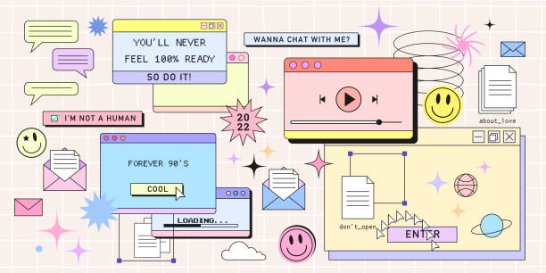 Retro browser computer window in 90s vaporwave style with smile face hipster stickers. Retrowave pc desktop with message boxes and popup user interface elements, Vector illustration of UI and UX vector art illustration