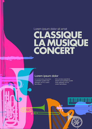 Colourful overlapping silhouettes of Classical Orchestra musical instruments. Concert de musique classique, music, concert, performance, French language, French Culture, France, entertainment,