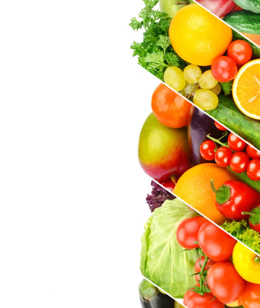 istock fruits and vegetables isolated on white background. Nice frame with free space for text. Collage. 1387512598