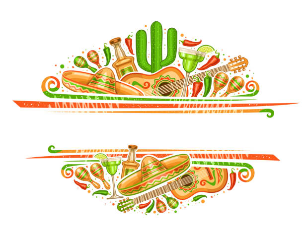 Vector border for Cinco de Mayo Vector border for Cinco de Mayo with copyspace for text, decorative voucher with illustration of mexican musical instruments, red and green hot peppers, traditional alcohol drinks for cinco de mayo chili pepper border stock illustrations