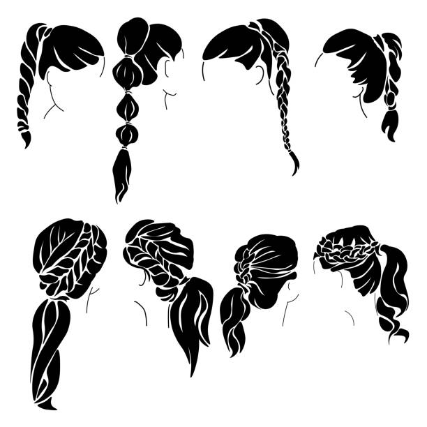 illustrazioni stock, clip art, cartoni animati e icone di tendenza di set di silhouette di acconciature da donna con trecce e code, acconciature eleganti per capelli lunghi e medi - trecce