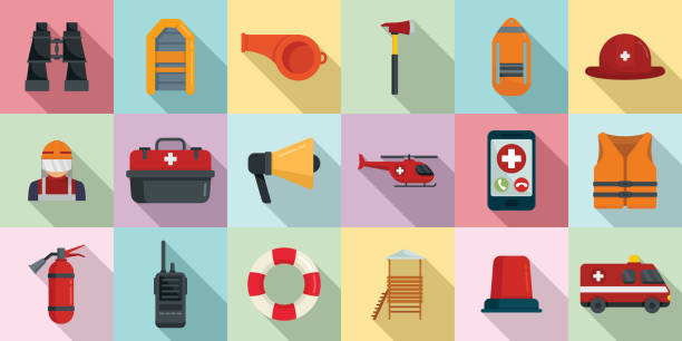 Rescuer icons set flat vector. Hurricane flood Rescuer icons set flat vector. Hurricane flood. People victim emergency first response stock illustrations