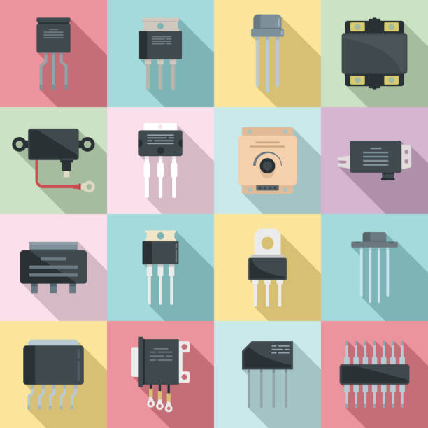 spannungsreglersymbole setzen flachen vektor. batterie argon - transistor stock-grafiken, -clipart, -cartoons und -symbole