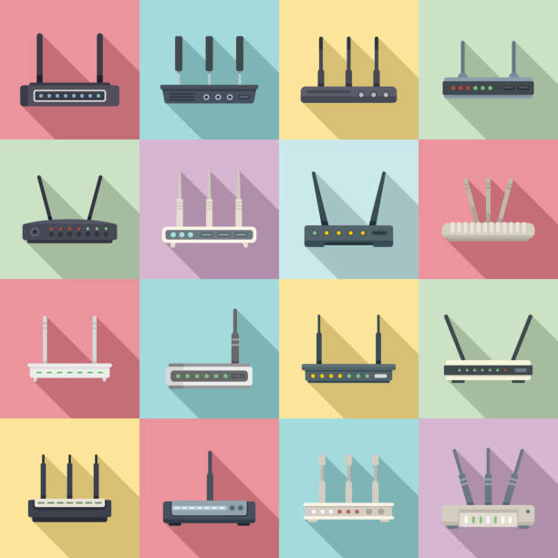 Modem icons set flat vector. Internet router Modem icons set flat vector. Internet router. Lan port access computer network router communication internet stock illustrations